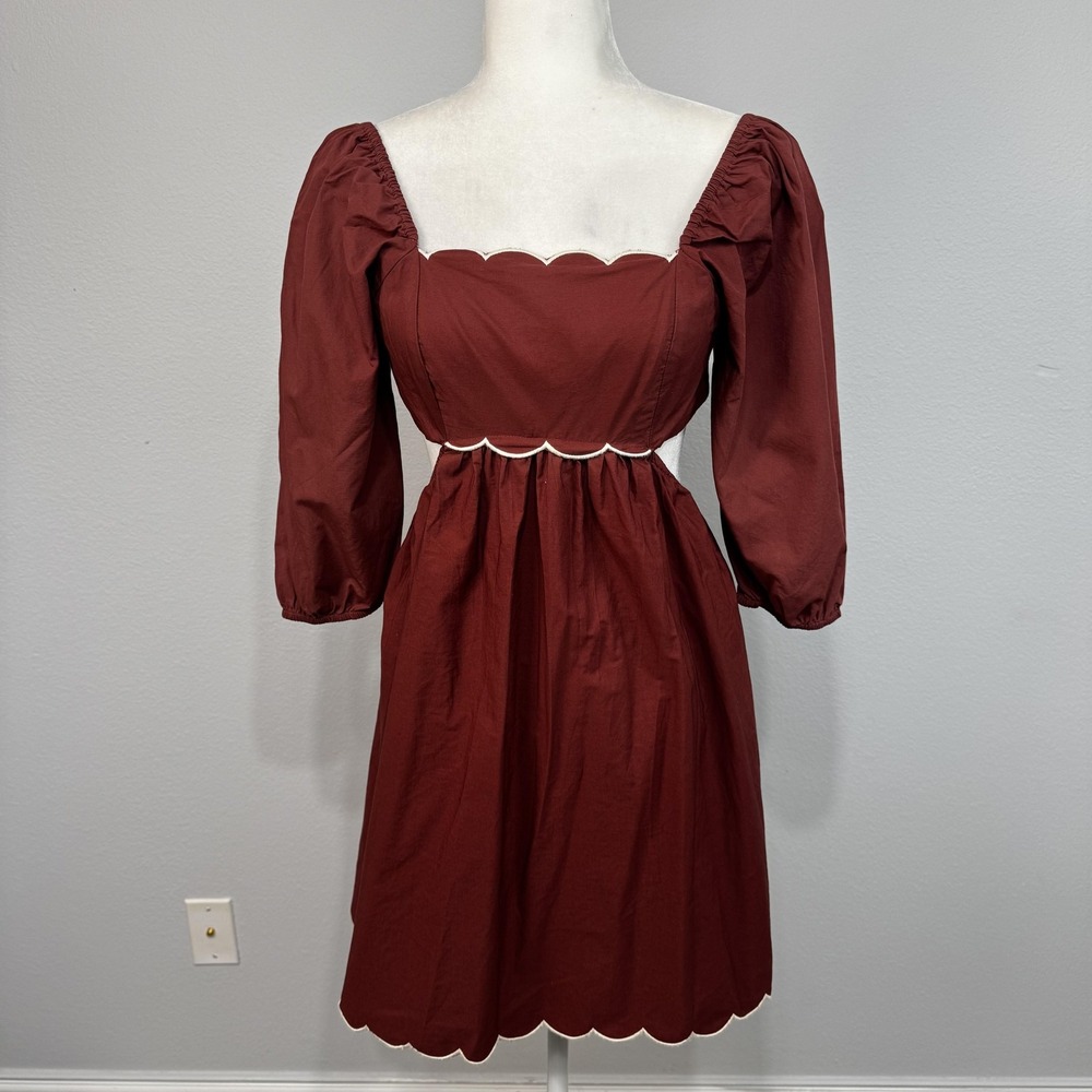 Anthropologie Forever That Girl Dress Size XS Brown Scalloped Open Back Tie Back
